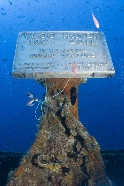 La targa commemorativa delle Vittime della Haven situata sulla sommità del relitto a -33 m